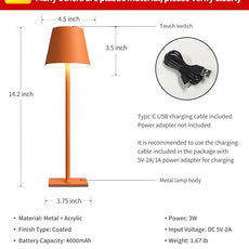 KDG 2 Pack Cordless Table Lamp,Portable LED Desk Lamp, 4000mAh Battery Operated, 3 Color Stepless Dimming Up, for Restaurant/Bedroom/Bars/Outdoor Party/Camping/Coffee Shop Night Light(Orange)