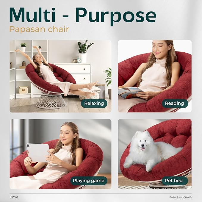 Bme 40" Ergonomic Wicker Papasan Chair with Soft Thick Density Fabric Cushion, High Capacity Steel Frame, 360 Degree Swivel for Living, Bedroom, Reading Room, Lounge, Cherry Sangria - White Base
