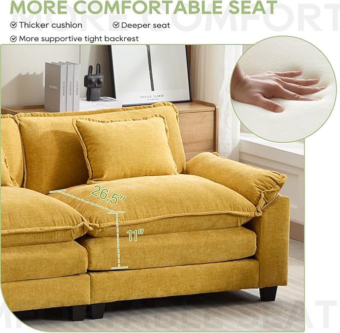 154" Modular Sectional Sofa, Comfy Cloud Couch Sectional Sofa with Ottoman, Chenille Sofa Sleeper Deep Seat Sofa with Throw Pillows for Living Room (Yellow, 154"- U Shape)