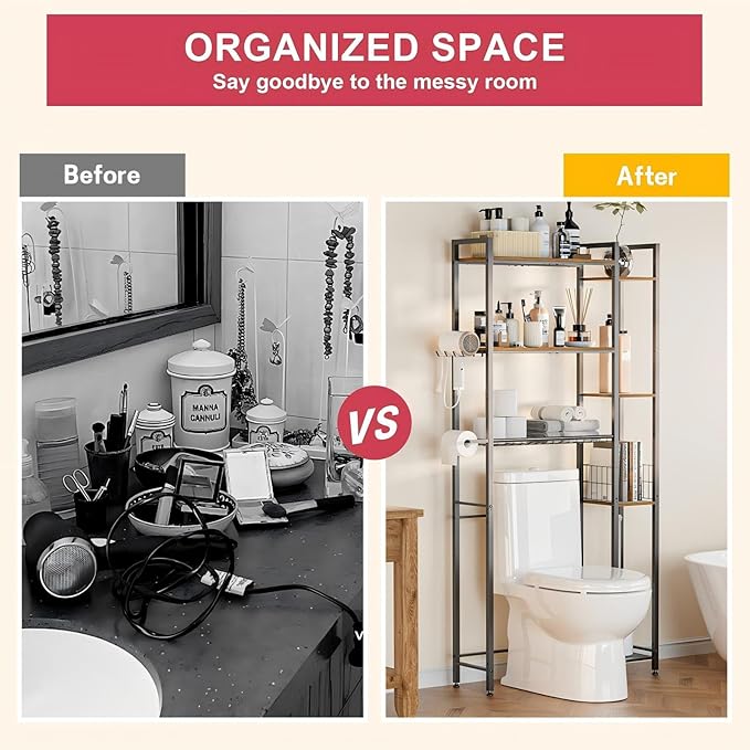 Over Toilet Bathroom Organizer, 7-Tier Study Metal Toilet Storage Shelf for Toilet Paper, Towels, Toiletries, Easy Assembly, Freestanding, Perfect for Small Space, Apartment, Dorm, Powder Room