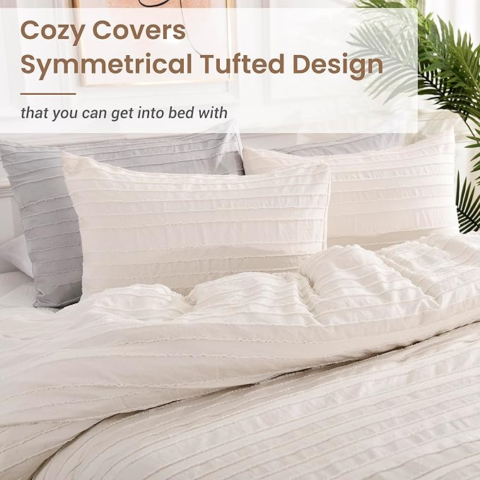 NEXHOME PRO Duvet Cover Queen Size, Light Khaki 3 Pieces Boho Tufted Duvet Cover Set, Soft and Lightweight Microfiber Comforter Cover Set for All Season (Light Khaki, 90 x 90)-No Comforter