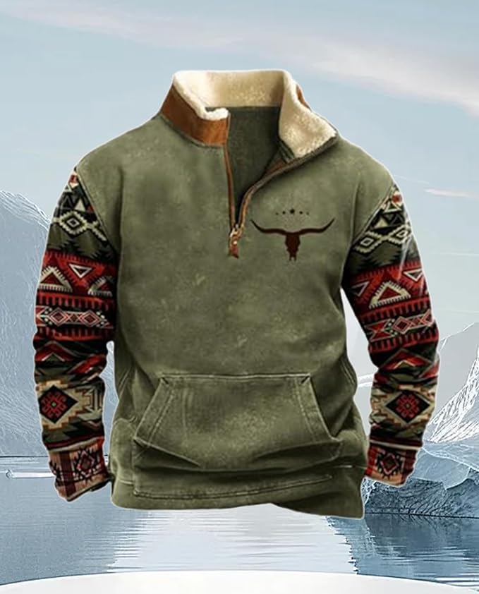 Western Sweatshirts for Men Aztec Cowboy Vintage Graphic Fleece Hoodie Mens Quarter Zip Pullover Country Jacket