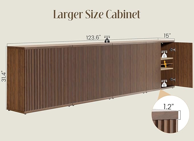 Fluted Buffet Cabinet Sideboard with Storage,Wooden Credenza with 2 Doors&Adjustable Shelve, Modern Accent Cabinets Coffee Bar Bookcase for Living Room,Kitchen Dining Room Entryway 15"D Brown