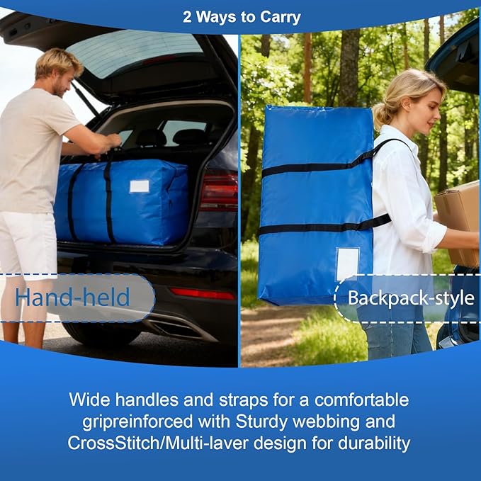 4 Pack Heavy Duty Moving Bags with Backpack Straps & Handles, Large Storage Bags with Zipper for Clothes, College Moving Supplies and Dorm Essentials (24 Gal, Blue)