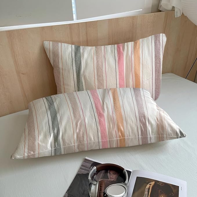 VM VOUGEMARKET Multicolor Striped Duvet Cover Set King Washed Cotton Bedding Stripes Duvet Cover with 2 Pillowcases for Girls Women(Orange/Pink/Green/Coffee)