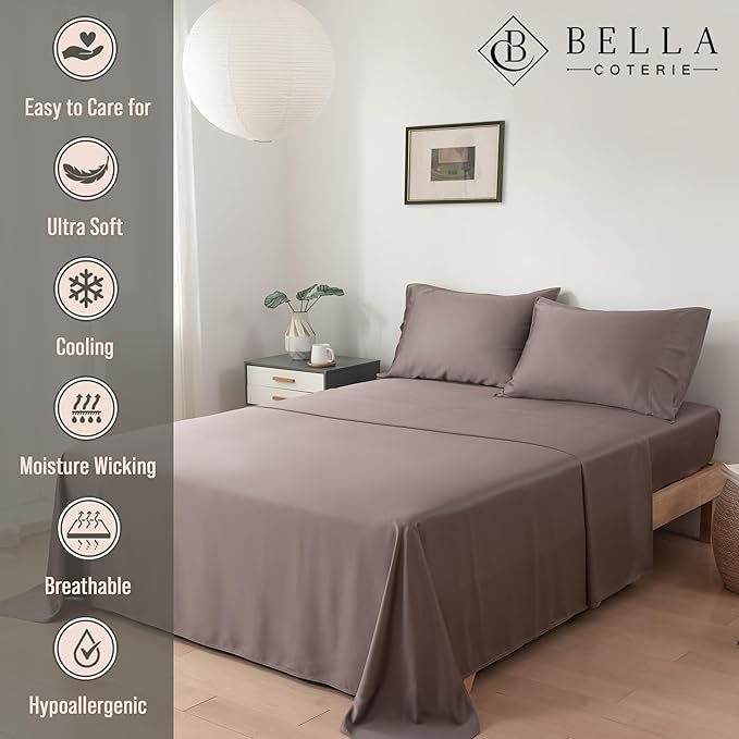 Bella Coterie Luxury Bamboo Viscose Queen Size Sheet Set | 100% Organically Grown | Ultra Soft | Cooling for Hot Sleepers | 18" Deep Pocket [Mocha] BC