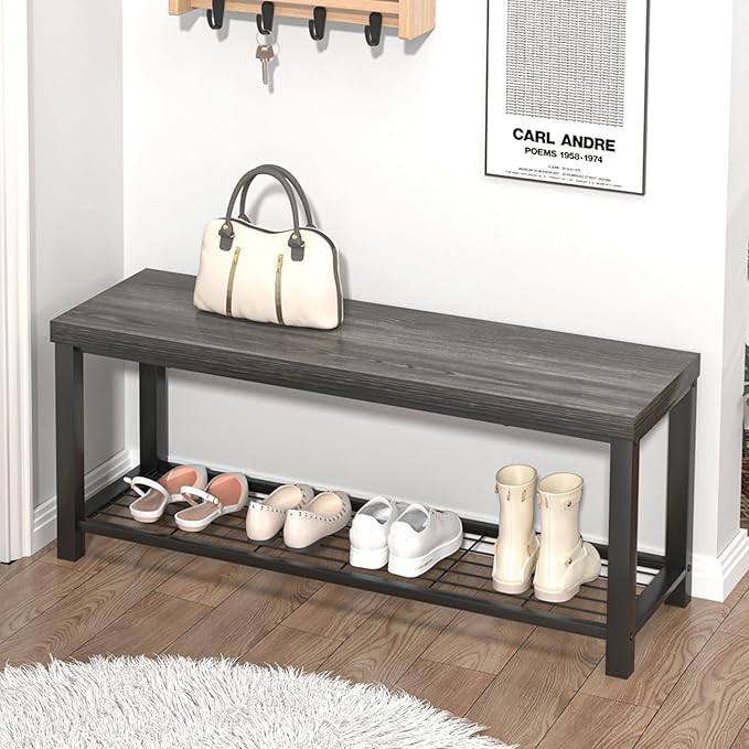 FOLUBAN Industrial Shoe Storage Bench for Entryway Hallway, Rustic Indoor Shoe Rack Bench Seat for Living Room Bedroom, 43.3 Inch Dark Gray