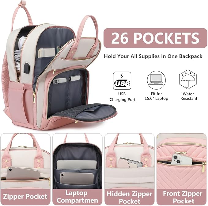 Laptop Backpack for Women Work - 15.6 Inch Travel Backpack Fashion Work Business Backpacks Purse Warterproof College Teacher Nurse Computer Daypack Beige Pink
