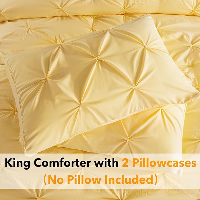 Andency Yellow Pinch Pleated Comforter King(104x90Inch), 3 Pieces (1 Pintuck Comforter, 2 Pillowcases) Pintuck Comforter Set,Microfiber Down Alternative Comforter Bedding Set