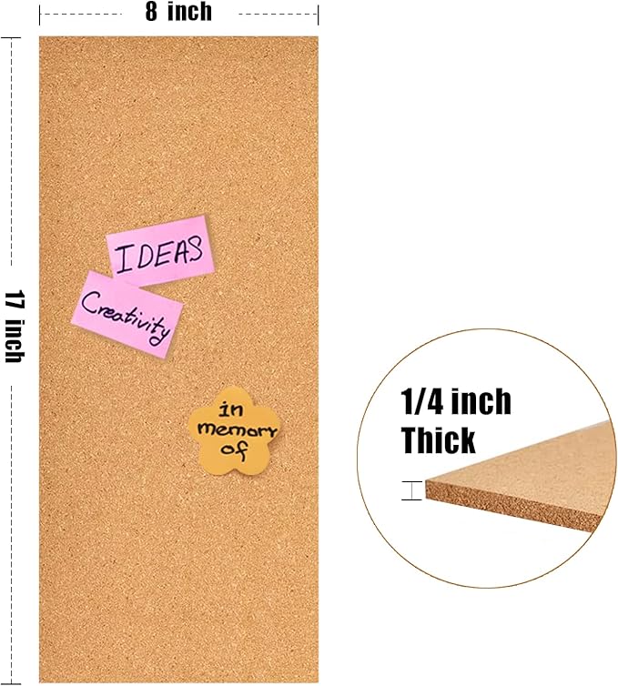 17x8 Cork Board Tiles Bulletin Board, 1/4" Thick Self-Adhesive Cork Boards for Walls, Cork Tiles Vision Board for Home, Office, School, Bulletin Board Decorations(6mm,8pc)