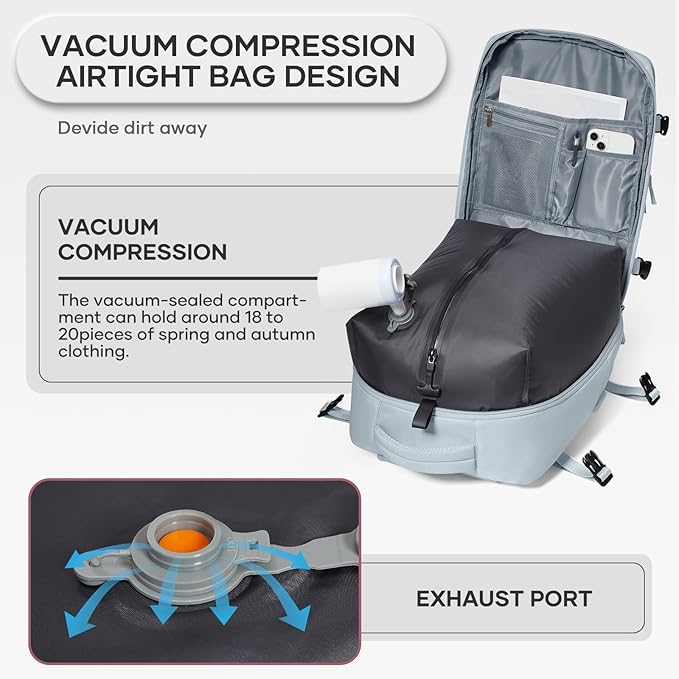 Vacuum Compression Backpack, Travel Vacuum Backpack with Electric Vacpack Pump, Flight Approved Carry On Personal Item Suitcase Luggage for Men Women, Light Blue