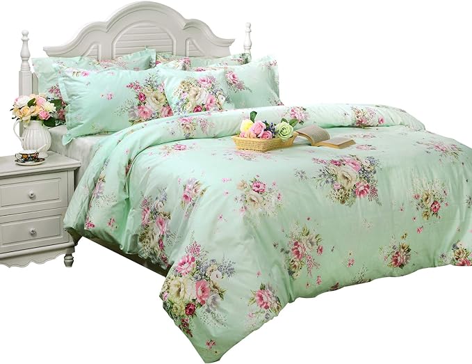 FADFAY Green Floral Duvet Cover Sets Vintage Flower Printed Bedding Ultra Soft 100% Cotton Twin Extra Long Designer Bedding Set 3 Pieces, 1duvet Cover & 2pillowcases (Twin XL Size, Simple Style)