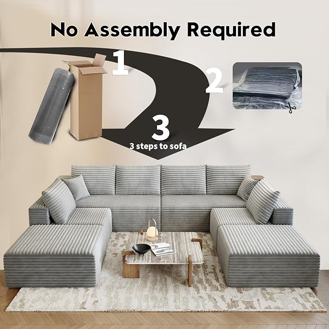 139.4" Modular Sectional Sofa Couch, Oversized U-Shaped Minimalist Couches with 2 Ottomans Chaise and 2 Middle Seats, Modern Deep Seat Cloud Plush Corduroy Sofas Set for Living Room, 8 Seater, Grey