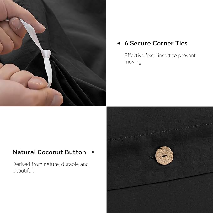JELLYMONI Cotton Duvet Cover Full Size - Pure Black Comforter Cover with Button 100% Washed Cotton 3PCS Breathable Soft Solid Bedding Set Duvet Cover 80×90in & 2 Pillowcases (NO Comforter)