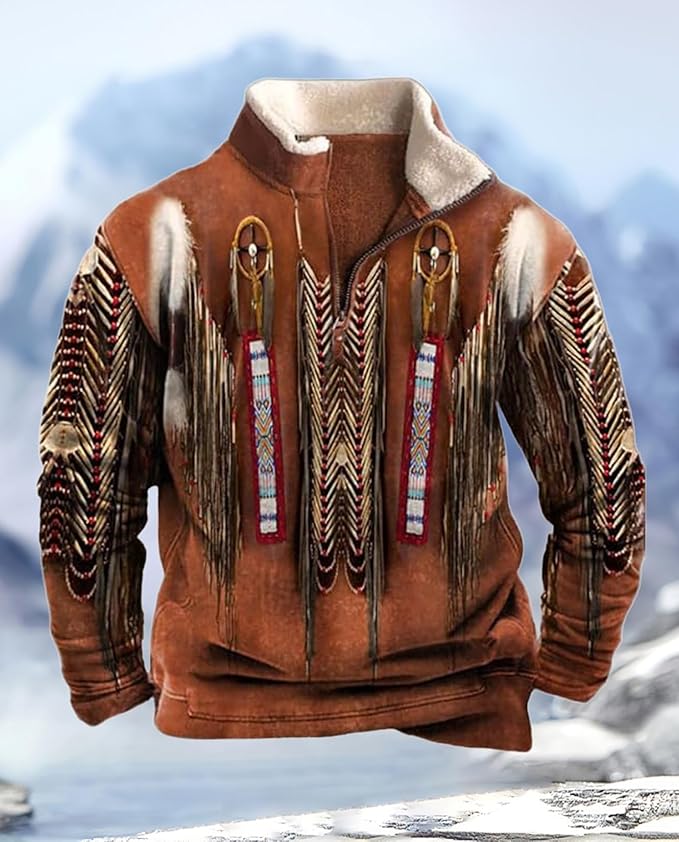 Western Sweatshirts for Men Aztec Cowboy Vintage Graphic Fleece Hoodie Mens Quarter Zip Pullover Country Jacket