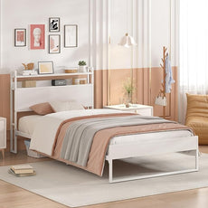 Elephance Twin Bed Frames,Metal Platform Bed Frame with 2-Tier Storage Headboard, No Box Spring Needed, Noise Free, Easy Assembly,White