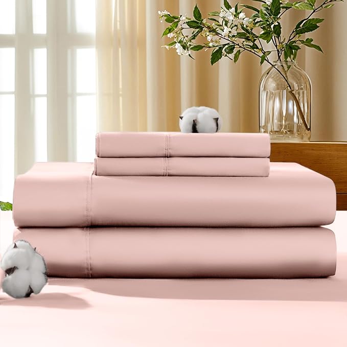 LBRO2M 100% Cotton Sheets Set Deep Pocket 19", 1000 Thread Count King Size 4 Piece Bed Sheet Sets Soft Comfortable Bedding All Season (King, Pink)