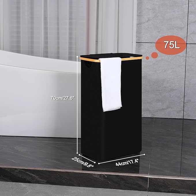 efluky Slim Laundry Basket with Lid, Narrow Laundry Hamper with Removable Bag, Skinny Dirty Clothes Basket with Bamboo Handles for Bathroom, Bedroom & Laundry Room, 75L Black