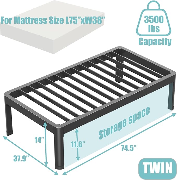 Twin Bed Frame with Round Corner Edge Legs, 14 Inch High 3500 lbs Heavy Duty Metal Platform Bed Frame Twin Size, No Box Spring Needed/Noise Free/Non-Slip/Steel Slat Support