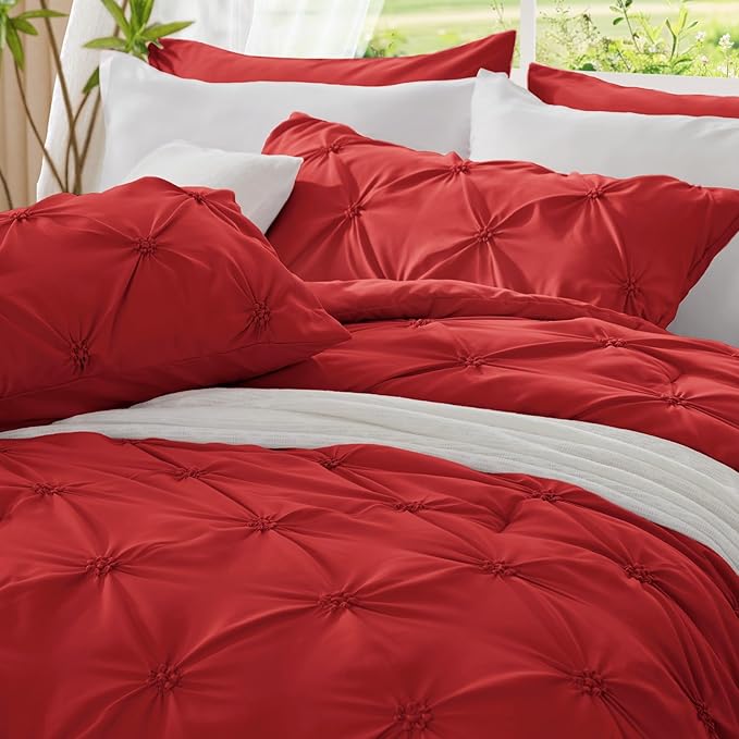 BEDELITE Red King Size Comforter Set - 3 Pieces Boho Pintuck Bedding Comforter Sets, Lightweight Soft & Warm King Bedding Set with 2 Pillowcases for All Season