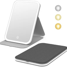 Kintion Travel Makeup Mirror, Portable LED Lighted Makeup Mirror, 360° Rotation Touch Screen Vanity Mirror, 60 LEDs, 3-Color Dimmable Lighting, Rechargeable Tabletop Folding Cosmetic Mirror, Black