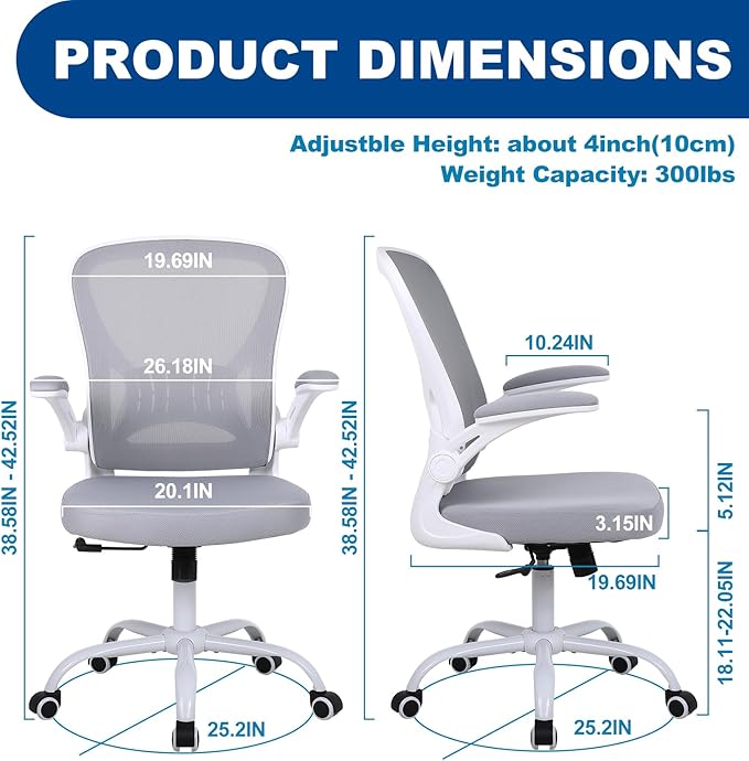 Youhauchair Mesh Office Chair, Ergonomic Home Office Desk Chairs with Flip-up Arms and Lumbar Support, Height Adjustable, Grey