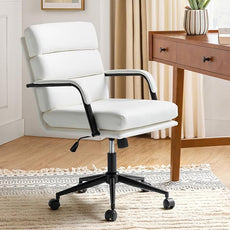 HULALA HOME Modern Faux Leather Home Office Chair with Tilt Lock & Metal Base, Desk Chair with Wheels & Padded Cushion, 360° Swivel Wide Seat Computer Task Chair, White