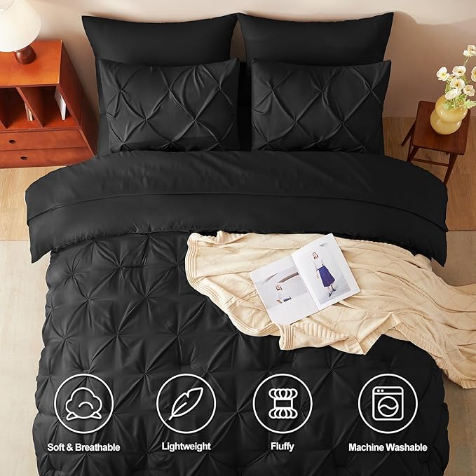 CozyLux Oversized King Comforter Sets Black, 7 Pieces Oversized King Pintuck Bed in A Bag, Pinch Pleat Bedding Sets with All Season Comforter, Flat Sheet, Fitted Sheet, Pillowcases & Shams
