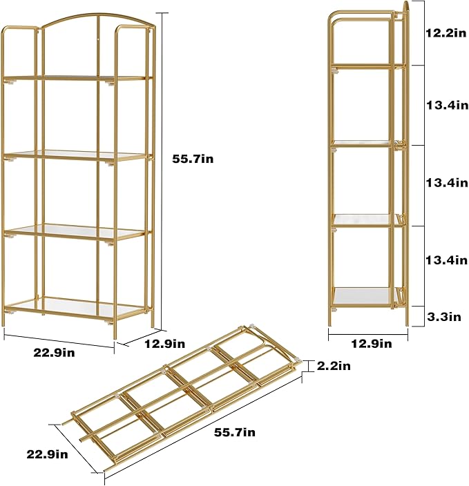 Crofy No Assembly Folding Bookshelf for Living Room, 4 Tier Gold Collapsible Book Shelf for Home Office, Portable Bookcase Storage Organizer