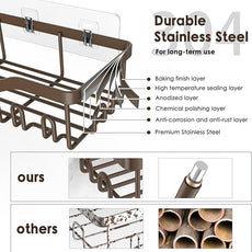 Shower Caddy Adhesive Shower Organizer 7-Pack, Rustproof Stainless Steel Bathroom Shelves, Large Capacity No-Drill Rack Storage Accessories with Soap Dish Toothbrush Holder Hooks (Brown)