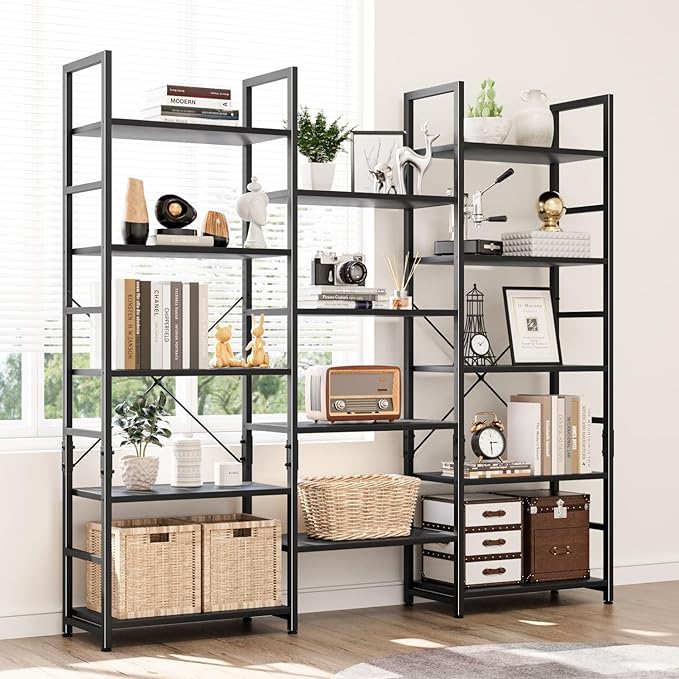 NUMENN Triple Wide 5 Tier Bookshelf, Rustic Industrial Style Bookcases and Bookshelves with 14 Open Display Shelves, Modern Tall Bookcase Furniture for Bedroom, Living Room and Home Office, Black
