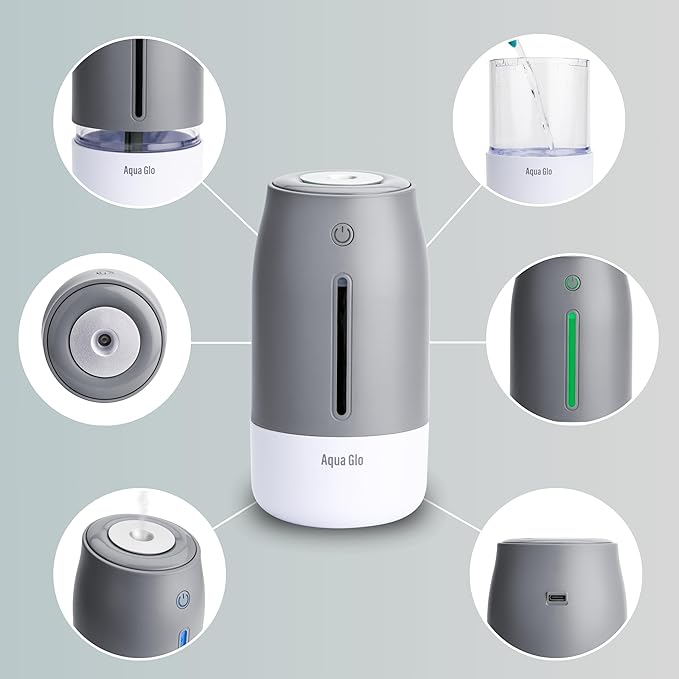 Aqua Glo Personal, Portable Humidifiers for Bedroom – Ultrasonic Cool Mist Humidifier with Built In Rechargeable Battery. Air Humidifier for Baby, Plants, Home, Office, Travel. Gray