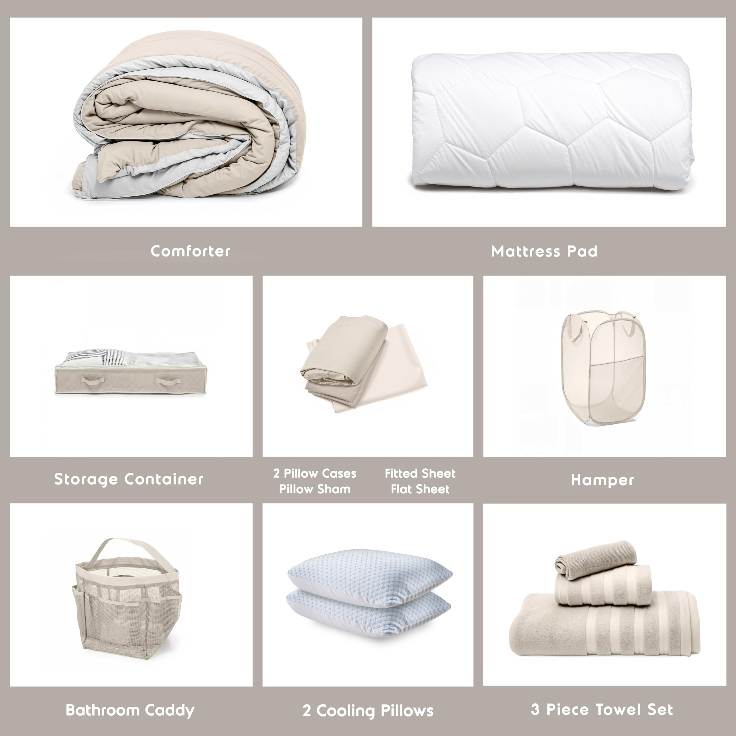Hearth & Harbor Complete Dorm Room Set, Twin XL Comforter Set, Sheet Set, Mattress Protector, Towels and Organizers - All Dorm Accessories Included Dormly