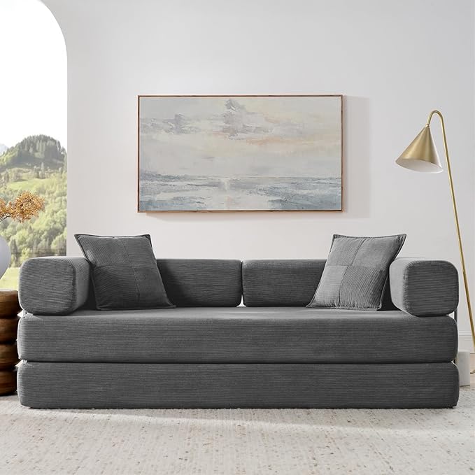 Antetek Convertible Futon Sofa Bed, 3-Seater Modern Corduroy Foam Floor King Size Bed Fold Out Sleeper Lounge Loveseat Sofa Couch with 2 Throw Pillows for Living Room Bedroom Guest Room, Dark Grey