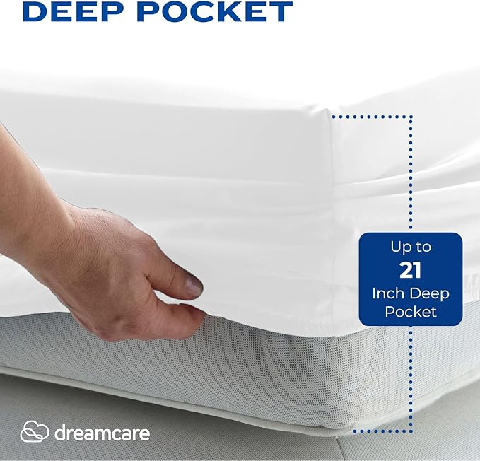 DREAMCARE Queen Sheet Set – 4 pcs Cooling Sheets – up to 21” Extra Deep Pocket Queen Sheets – Hotel Luxury Sheets & Pillowcases – Superior Softness 100% Fine Microfiber with Side Pocket – White DREAMCARE
