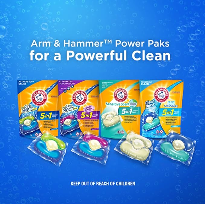 ARM & HAMMER Plus OxiClean 5-in-1 Liquid Laundry Detergent Power Paks, High Efficiency (HE), 42 Count (Pack of 4)
