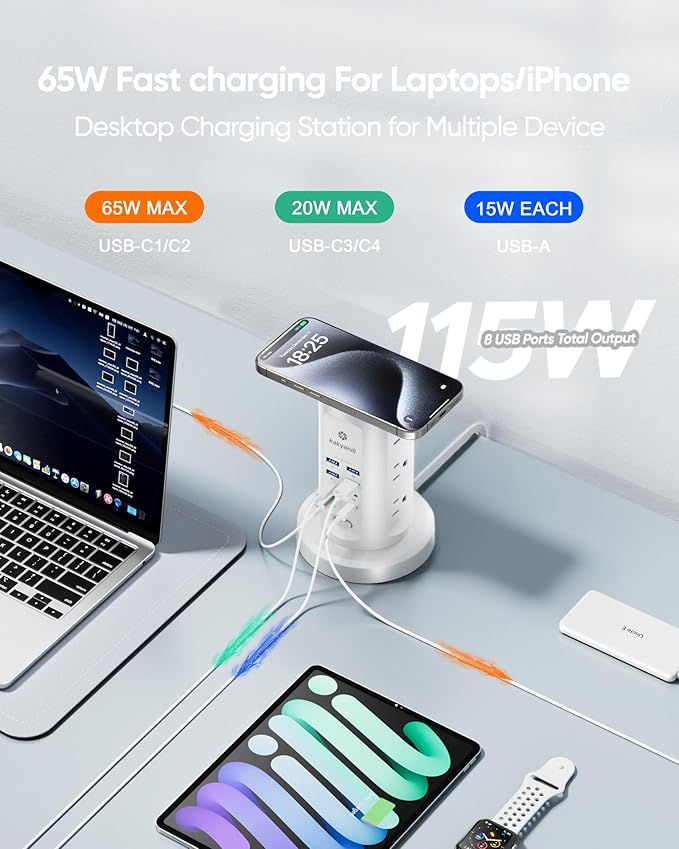 115W USB Charging Station, Surge Protector Power Strip Tower, 9 AC Outlets with 8 USB Ports(4 USB-C), 6Ft Flat Plug Retractable Extension Cord, for Home Office Dorm, White