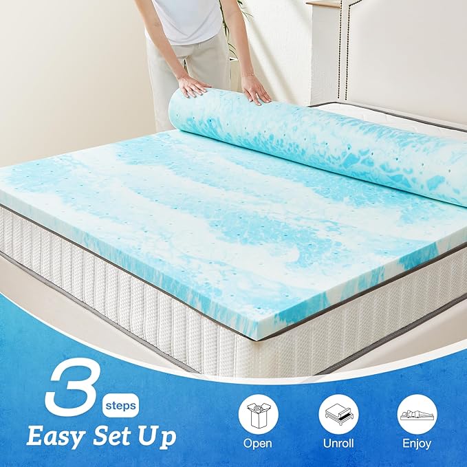 Sweetcrispy Mattress Topper Queen, 4 Inch Thick Memory Foam Gel Infused Cooling Toppers Pad for Queen Size Bed, Sleeper Sofa, RV, Camper, CertiPUR US Certified, Ventilated and Breathable, Blue