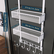 Consumest Over The Door Organizer Hooks, Door Hanger with 9 Coat Hooks & 2 Mesh Basket, Rustproof Back Storage Organizer for Bathroom, Kitchen, Bedroom-White (for 1.76in Doors)