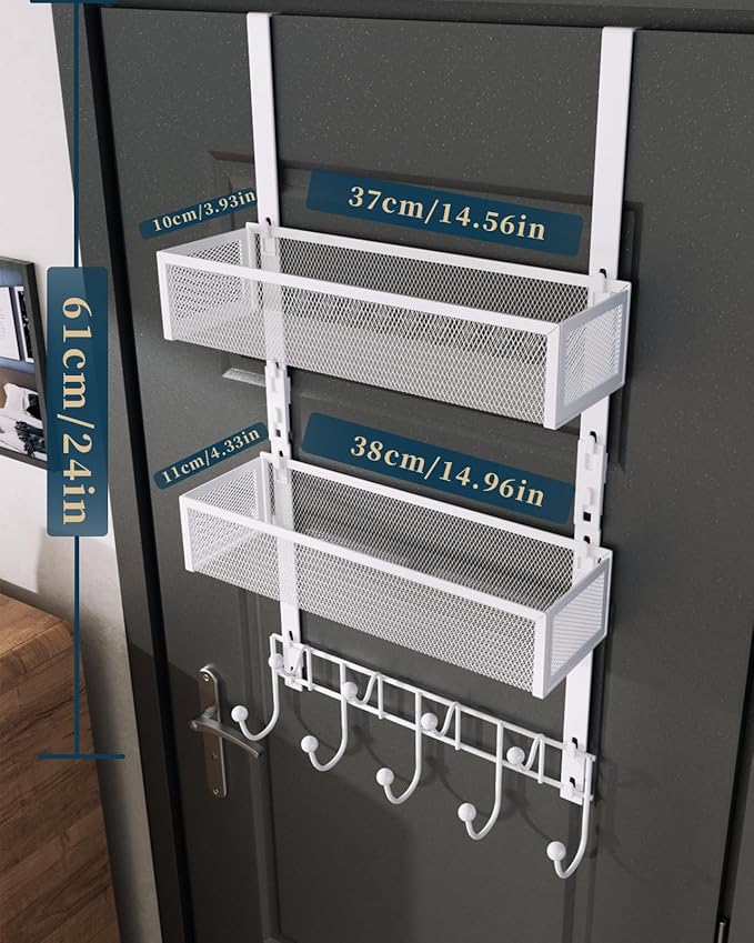 Consumest Over The Door Organizer Hooks, Door Hanger with 9 Coat Hooks & 2 Mesh Basket, Rustproof Back Storage Organizer for Bathroom, Kitchen, Bedroom-White (for 1.76in Doors)