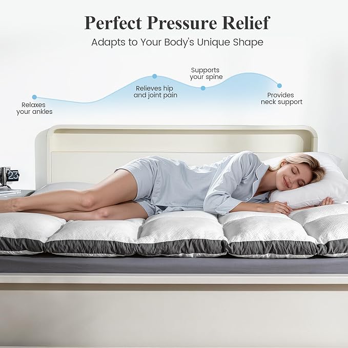 Memory Foam Mattress Topper Full - Pillow Top Mattress Topper Full Size, Soft Plush Bed Pad for Pressure Relief and Back Support, White, Oeko-TEX Certified - 2000GSM