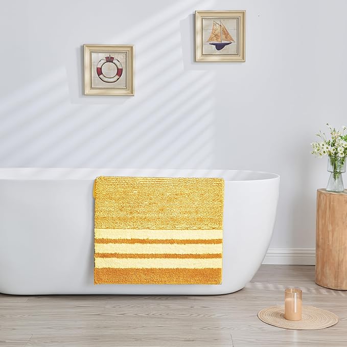 CozeCube Bath mats for Bathroom Non Slip, Fluffy Absorbent Microfiber Bath mat Washable, Aesthetic Bathroom Rugs, Cute Harvest Gold Striped Bath mat, Harvest Gold, 32" x 20"