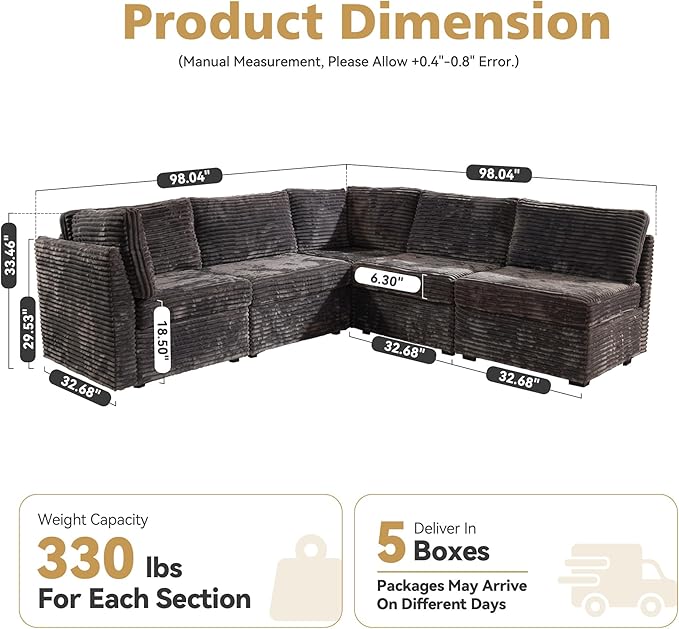 Modular Sectional Sofa,5 Pieces Sectional Couches for Living Room,131X65 L Shaped Cloud Couch with Oversized Convertible Modular Couch for Living Room