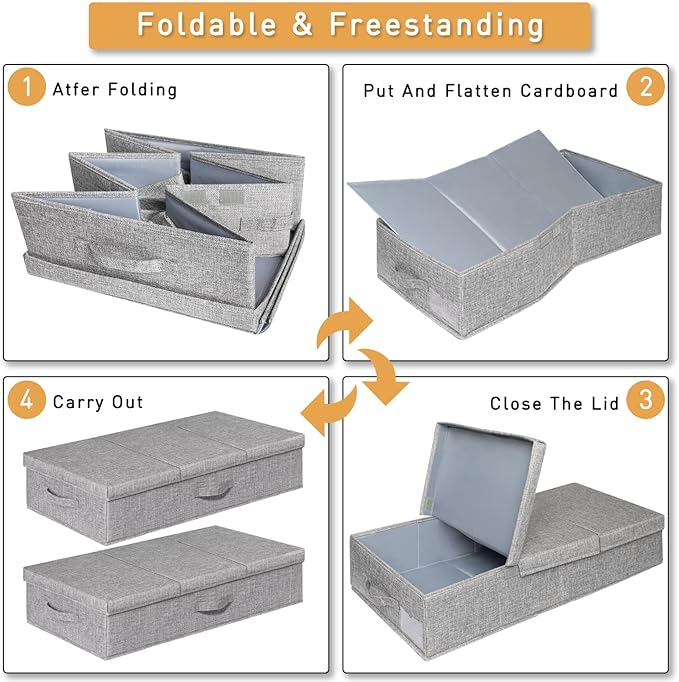 punemi Under Bed Storage With Lids, 2 Pack Large Underbed Storage Containers Clothes W/ 3 Handles, Foldable Low Profile Stackable Drawer Organizer Bins Box for Blanket Shoe Bedroom, 31.1*15.7*6inch