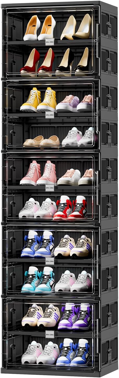 JEKO&JEKO 10 Tiers Foldable Shoe Rack Organizer Cabinet for Closet Entryway, Large Collapsible Shoe Storage Box with Magnetic Doors Fits Up to 20 Pairs (Black)