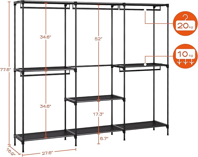 Clothes Rack, Portable Closet, 80.7 Inch Extra Large Capacity Wardrobe Closet, Clothes Storage Organizer with Shelves and 5 Hanging Rods, Easy to Assembly, Black PCT036B01