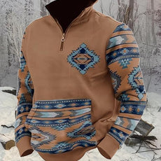 Western Sweatshirts for Men Aztec Cowboy Vintage Graphic Fleece Hoodie Mens Quarter Zip Pullover Country Jacket