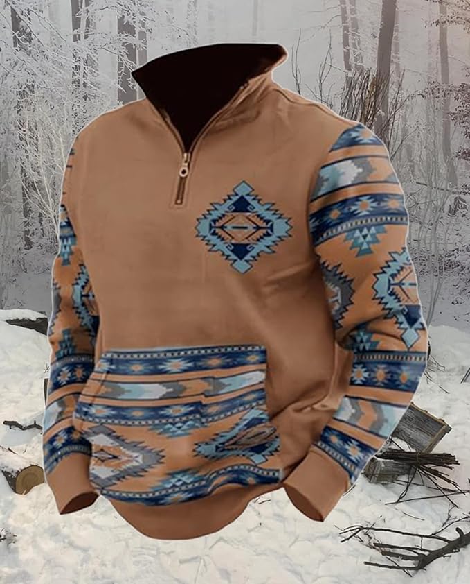 Western Sweatshirts for Men Aztec Cowboy Vintage Graphic Fleece Hoodie Mens Quarter Zip Pullover Country Jacket