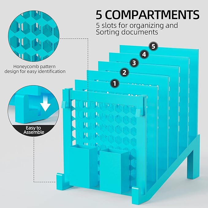 File Organizer for Desk with Storage Box & Hook, Inclined Desk File Organizer with 5-Section Vertical File Holder suitable for Home Office Document Organization (Light Blue)