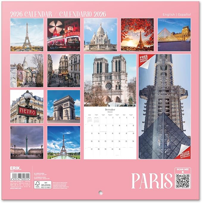 Paris Wall Calendar 2026 12" x 12" FSC® Plastic Free - Starts Week On Sunday | Family Planner Travel Calendar 2026
